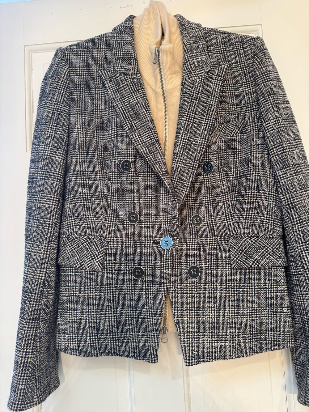 Veronica Beard Navy and White Glen Plaid Double-Breasted Blazer